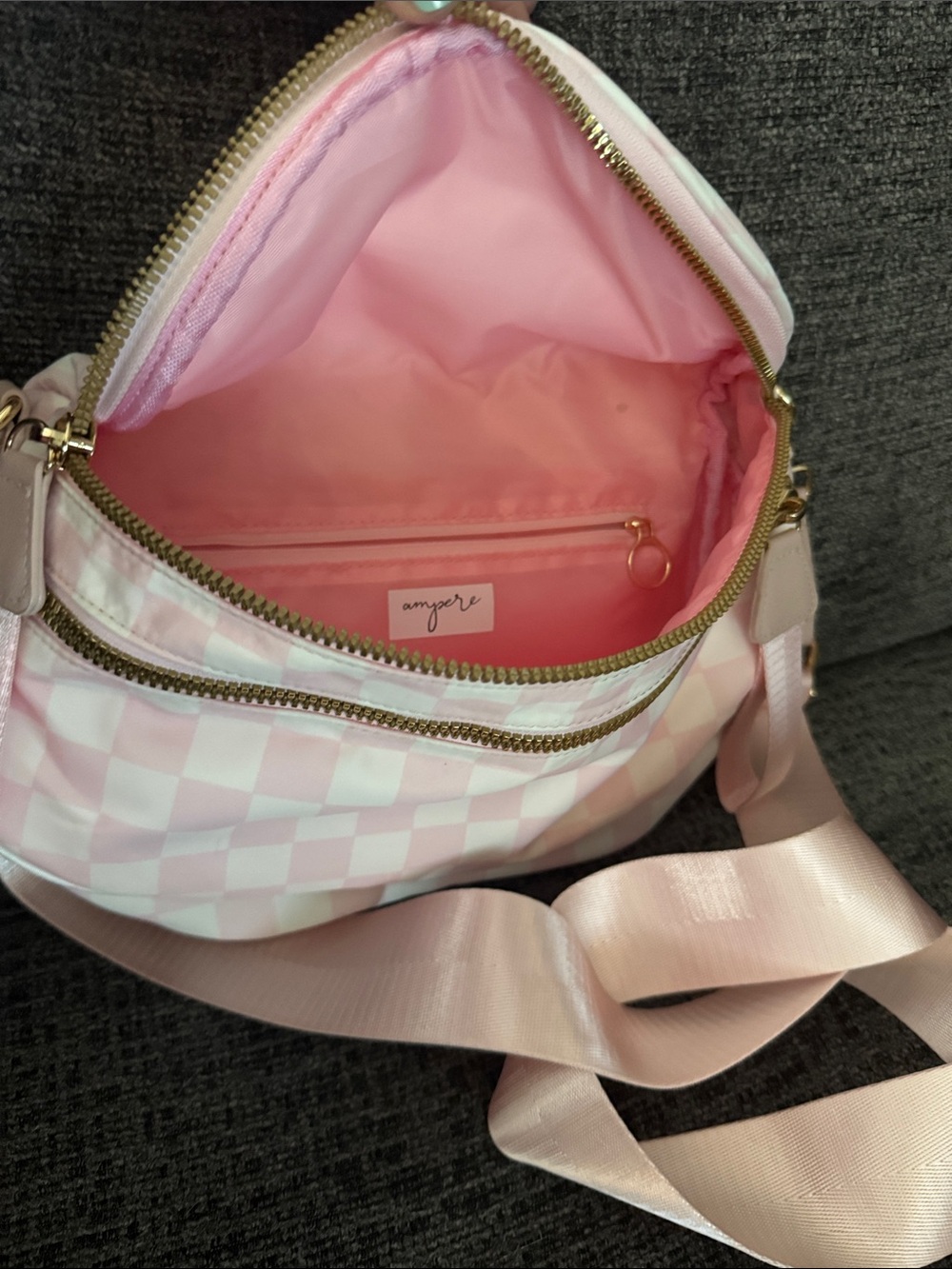 Pastel Pink Checkered Crossbody Bag with Adjustable Strap - Picture 3 of 3